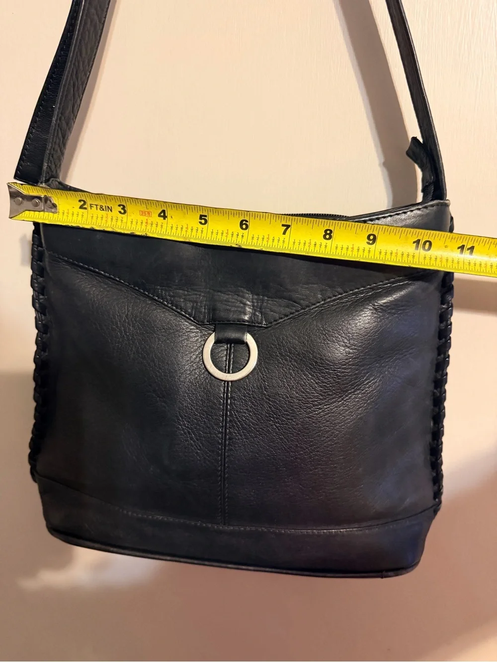 Vintage Black Genuine Leather Shoulder‎ Bag Made in Colombia Braided Trim